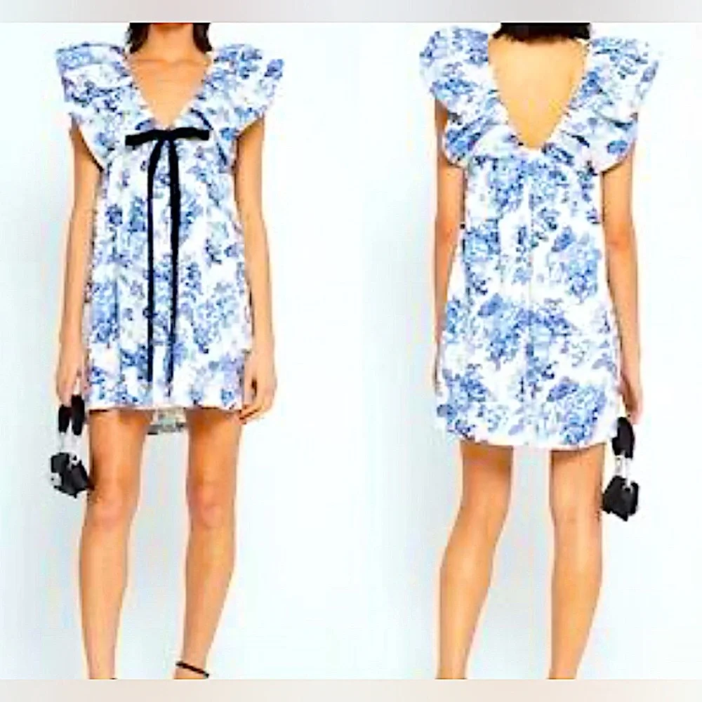JL LUXE Blue Floral Print Bubble Sleeve, Baby Doll Mini Dress/Front Bow//Size 6
